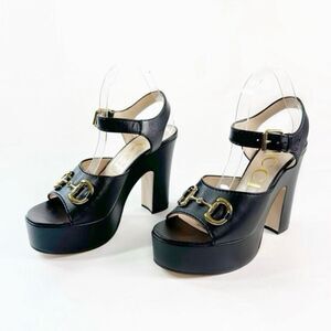 GUCCI Black Charlotte Horsebit Leather Platform Heels Size 40.5 US 10.5 Sandals
